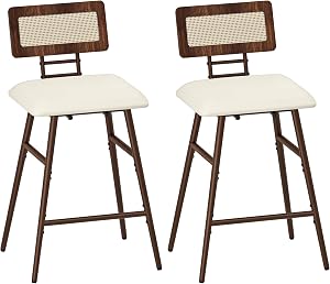 HOOBRO Bar Stools, Set of 2, Bar Chairs with Footrests, Rattan-Style Stools, Bar Chairs with Backrests, for Dining Room, Kitchen, and Offices, Walnut and Beige HE42BYP201