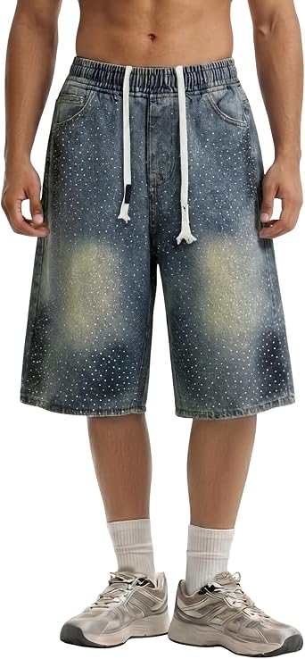 Vamtac Baggy Jean Shorts Men Y2K Rhinestone Denim Jorts Loose Elastic Waist Straight Leg Summer Streetwear