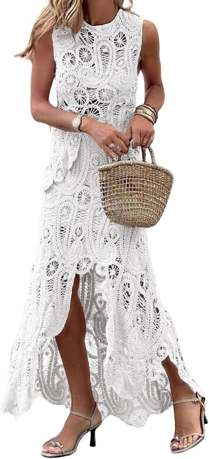 CHARTOU Women Two Pieces Skirt Sets Summer Cut Out Hi-Low Crochet Knit Long Dresses