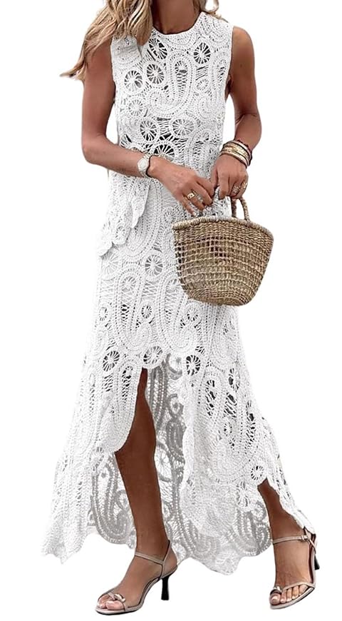 CHARTOU Women Two Pieces Skirt Sets Summer Cut Out Hi-Low Crochet Knit Long Dresses