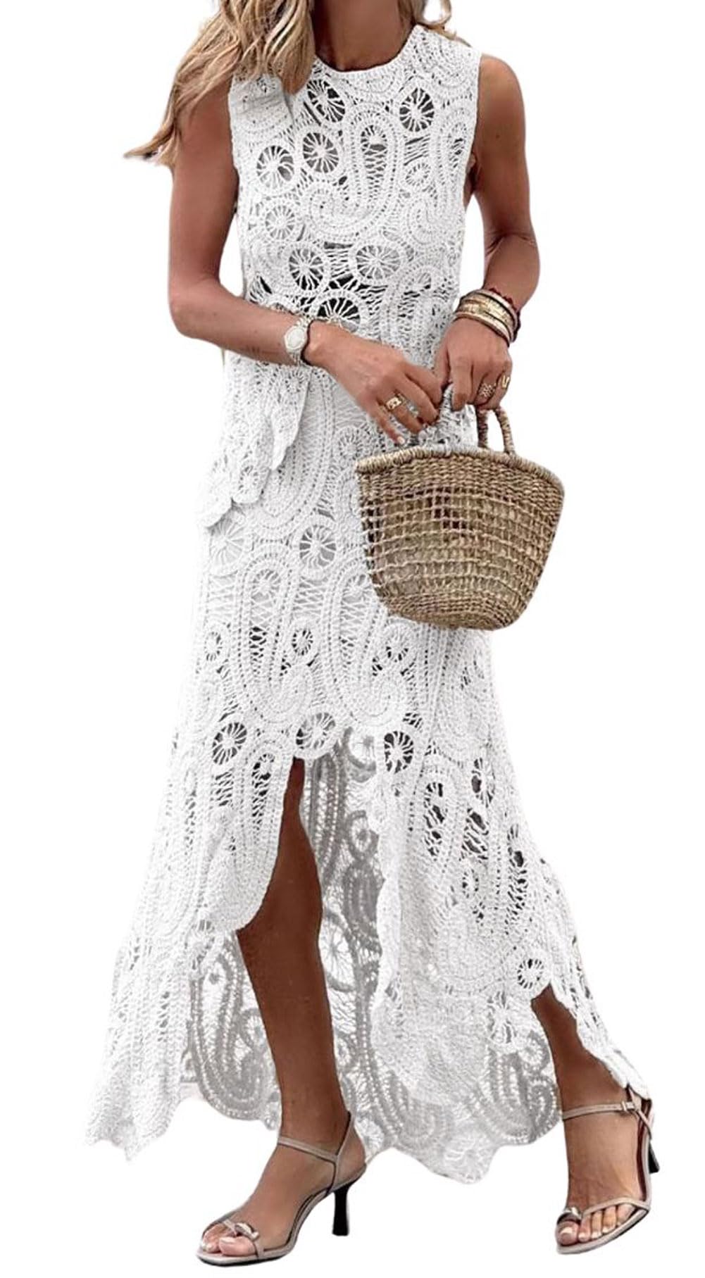 CHARTOU Women Two Pieces Skirt Sets Summer Cut Out Hi-Low Crochet Knit Long Dresses
