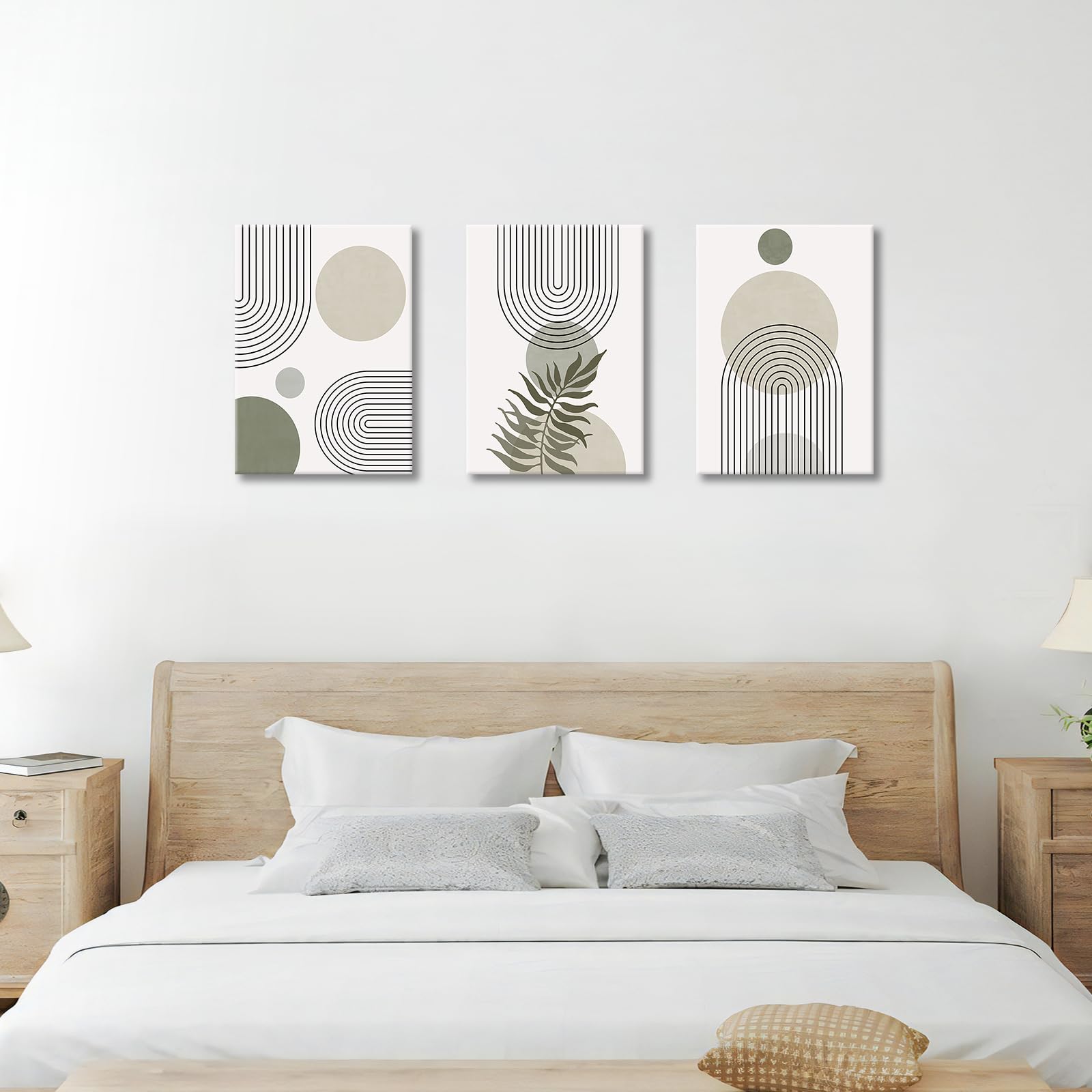 3 Pcs Wooden Framed Canvas Wall Art Set Bohemian Sage Green Canvas Prints Poster Geometric Line Beige Green Pictures for Living Room Bedroom Dinning Room Hallway Stairs Wall Decor 30x40cm x3pcs — view 296