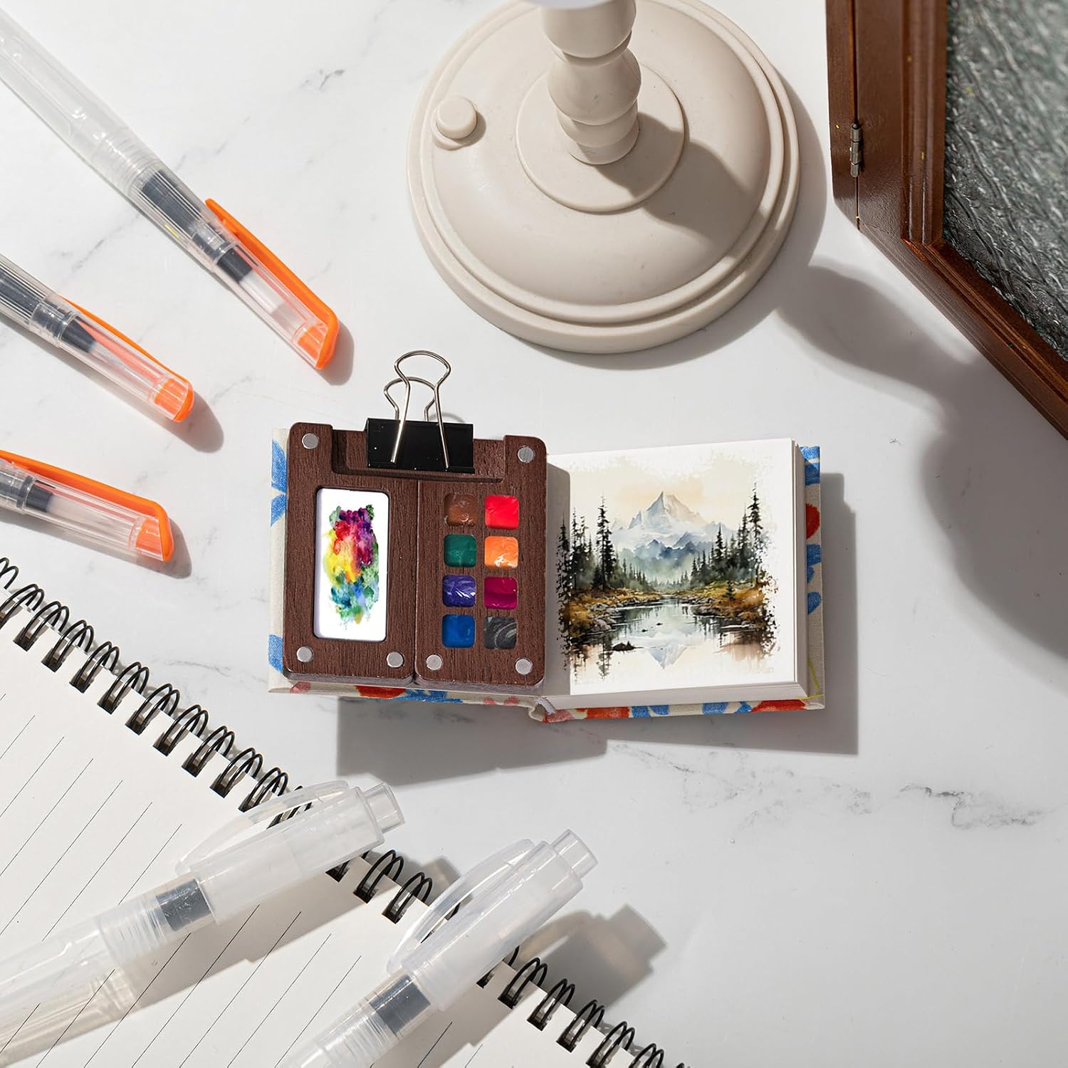 Qilery Mini Portable Watercolor Palette Set Wooden Grid Paint Box Watercolor Paper Sketch Book Brush Pens with Binder Clip for Painters Artist Not Include Paint(Azalea)