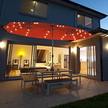 Tangkula 15 Ft Double Sided Patio Umbrella with Solar Lights, Extra Large Rectangle Outdoor Umbrella with 36 LED Lights & Crank Handle for Deck, Poolside, Garden, Backyard (Orange)
