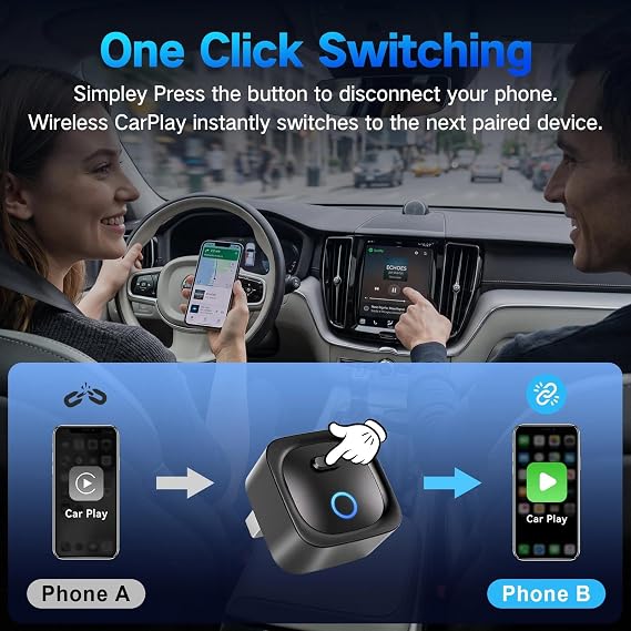 2-in-1 Wireless Carplay Adapter, Instant 2-Phone Switch, Plug and Play
