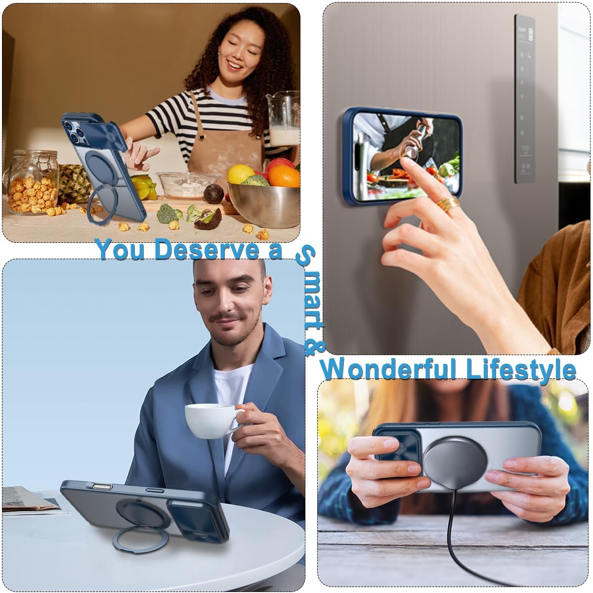 360° Rotatable Magnetic Ring for iPhone 16 Pro Max Case with Stand Sliding Camera Lens Cover, with 2 Screen Protectors Matte Silicone Case for MagSafe iPhone 16 Pro Max 6.9” (Blue)