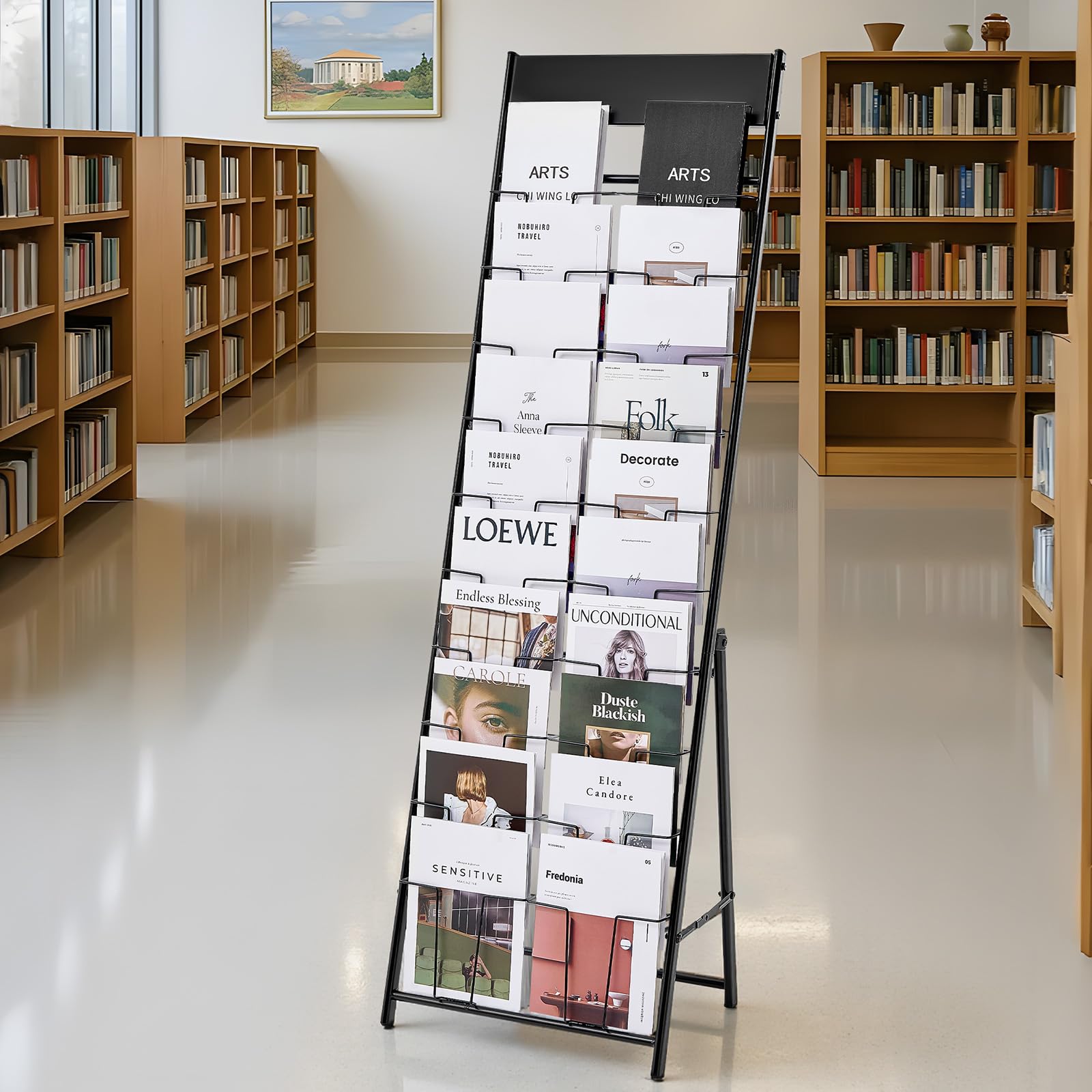 VEVOR Expositor de Revistas 20 Compartimentos, Soporte para Folletos, Revistero Metálico de Pie para Periódicos, Literatura, para Tiendas, Exposiciones, Oficinas, Bibliotecas, 49 x 33,3 x 154,5 cm