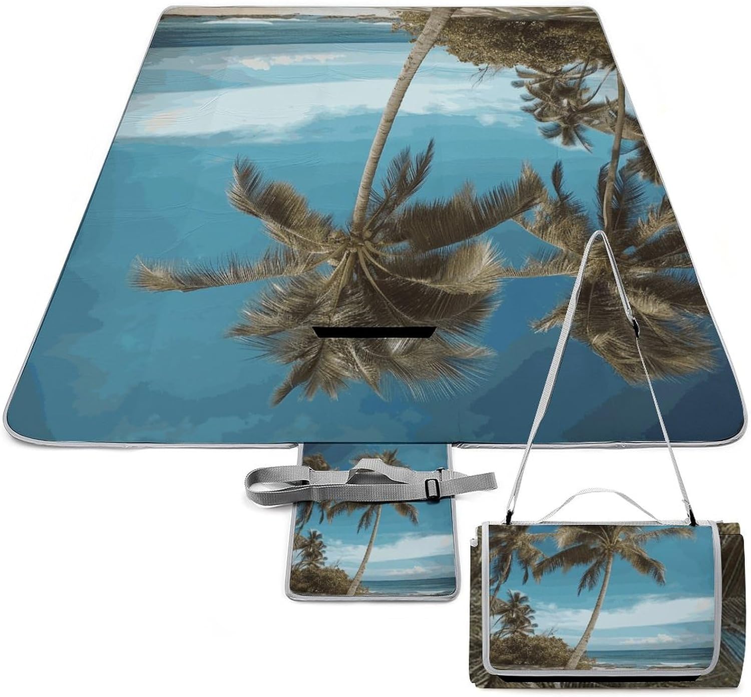 Beach Coconut Tree Waterproof Picnic Blanket 58.3''x58.3'',Portable and Foldable Picnic Mat with Handle,Outdoor Blankets for Lawn Park Beach Travel