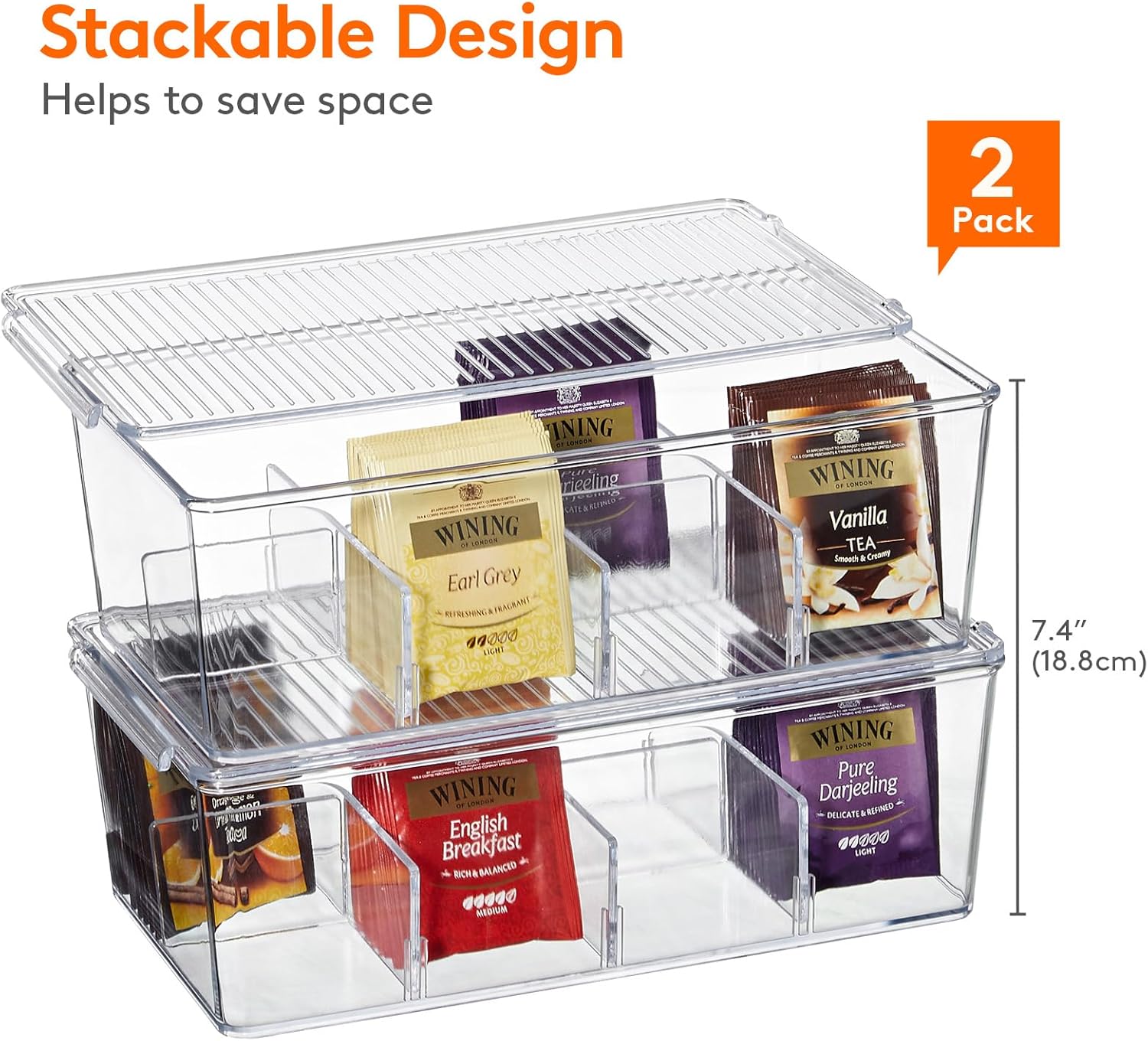 Lifewit 2 Pack 16 Compartment Tea Organizer, Stackable for Cabinet, Clear - view 2