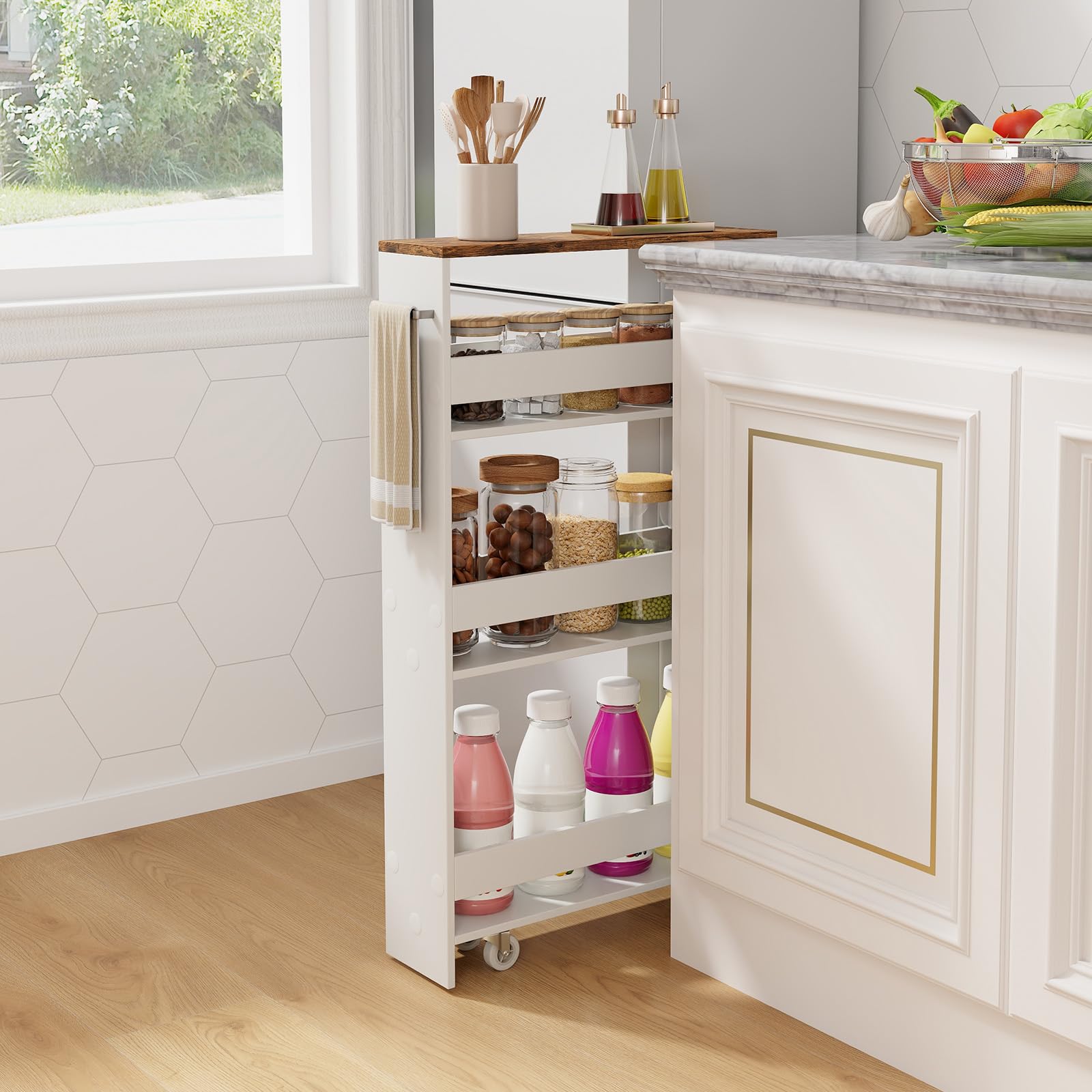 KOMFOTTEU Carrello Portaoggetti a 4 Ripiani con Ruote Rirevoli a 360°, Carrellino Scorrevole con Maniglia Slim, da Bagno, Cucina, Lavanderia, 47,5 x 20 x 80,5 cm (Bianco e Marrone, Senza Presa)