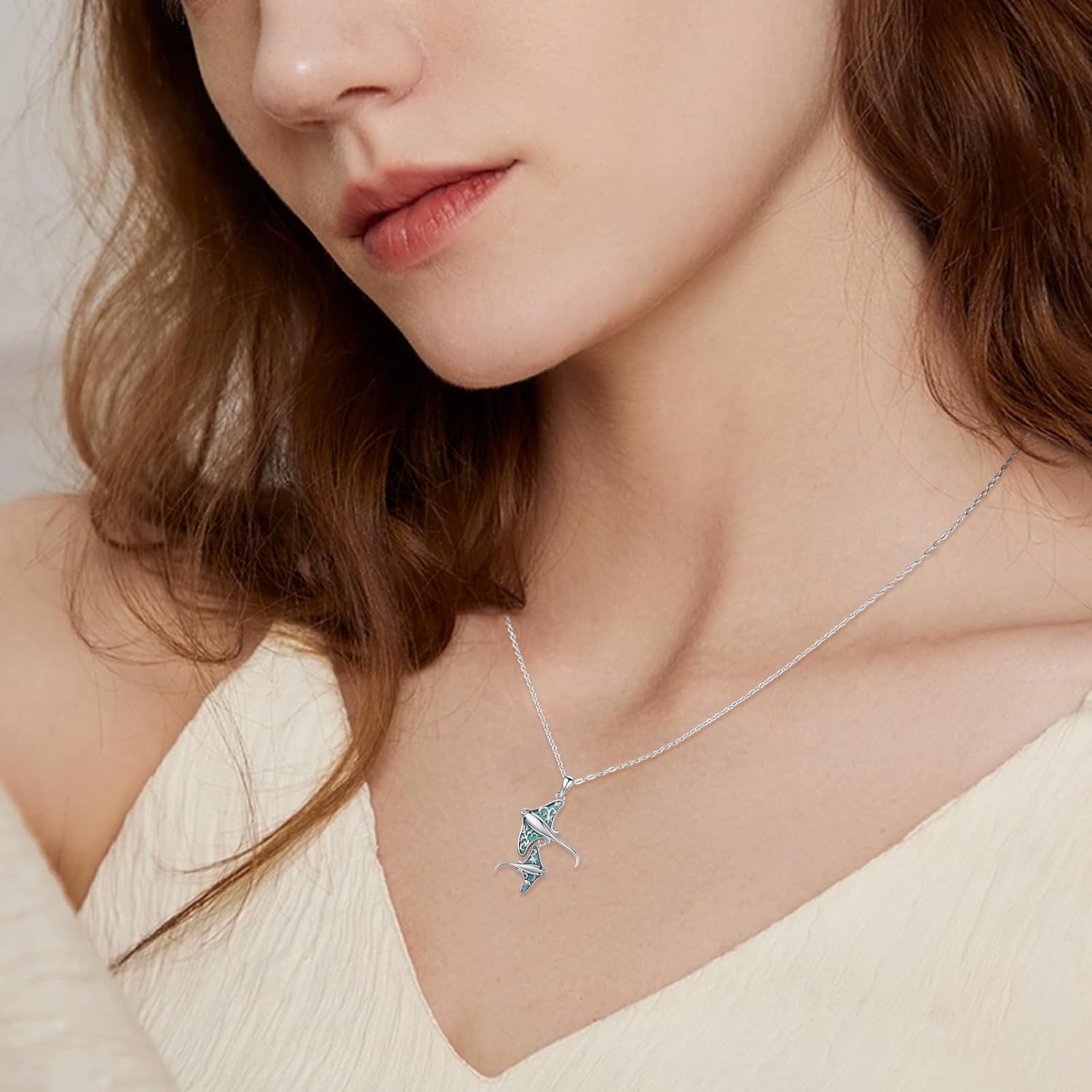 Sterling Silver Stingray Pendant Necklace with Blue Opal Inlay, Double Manta Ray Ocean Design, Ocean Animal Jewelry Pendant Gift for Women 18+2 Inch Adjustable Chain, 26x18mm - Image 4
