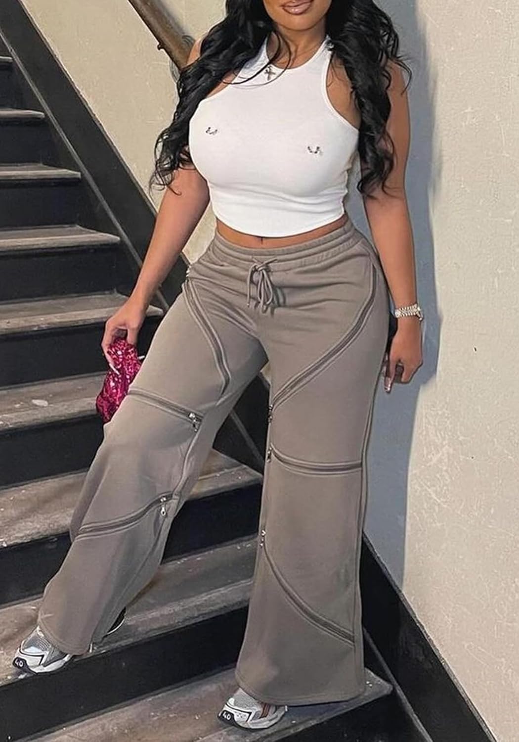 LETSVDO Women's Wide Leg Baggy Sweatpants High Waisted Patchwork Flare Pants Y2k Cut Out Multi Zipper Cargo Sweatpant - Image 6