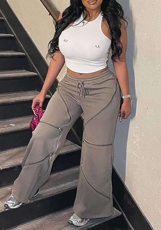 LETSVDO Women's Wide Leg Baggy Sweatpants High Waisted Patchwork Flare Pants Y2k Cut Out Multi Zipper Cargo Sweatpant