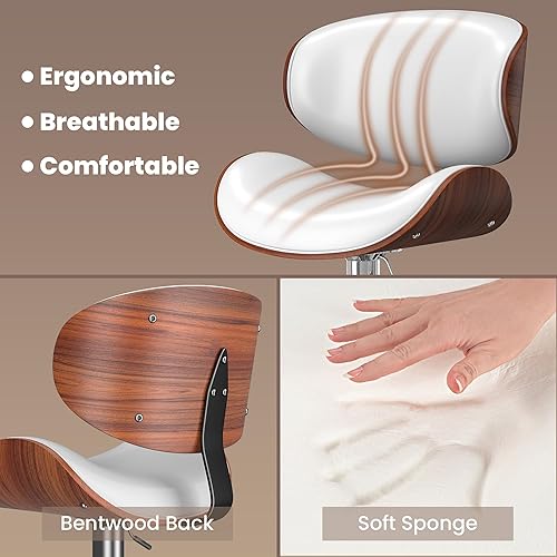 Miniatura 4 de Juego de 2 taburetes de bar para isla de cocina con respaldo de madera curvada y asiento de cuero, taburetes de bar giratorios para encimera de