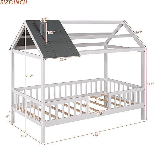Miniatura 28 de KLMM Cama de madera de tamaño matrimonial con valla y puerta, marco de cama de madera para niños o niñas, se puede decorar (valla blanca + puerta)