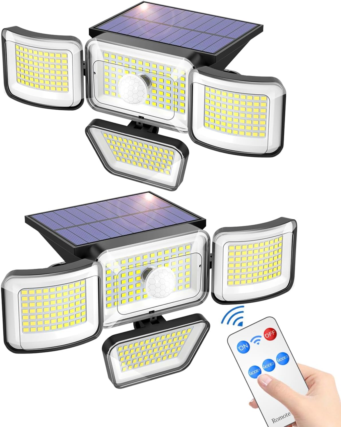 KHTO Solar Outdoor Lights,278LED 3000 Lumen IP65 Waterproof Motion Sensor Security Lights with Remote Control,3 Lighting Modes,4 Heads Solar Wall Lamp for Garden Patio Yard (2Pack) KHTO Solar Outdoor Lights,278LED 3000 Lumen IP65 Waterproof Motion Sensor Security Lights with Remote Control,3 Lighting Modes,4 Heads Solar Wall Lamp for Garden Patio Yard (2Pack)