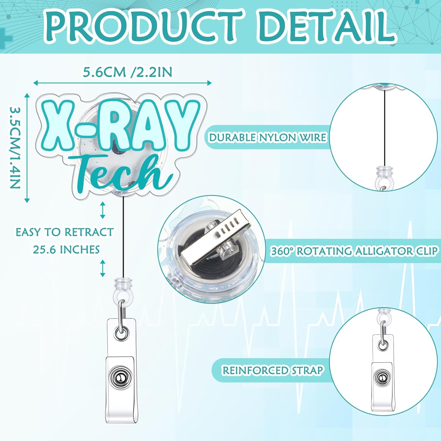 12 Pcs X-Ray Tech Badge Reel Tech Gift Bulk Acrylic Retractable Radiology Technology ID Badge Holders Pink Blue X-Ray Marker Holder for Graduation Radiologist Assistant MRI Technician - Image 2