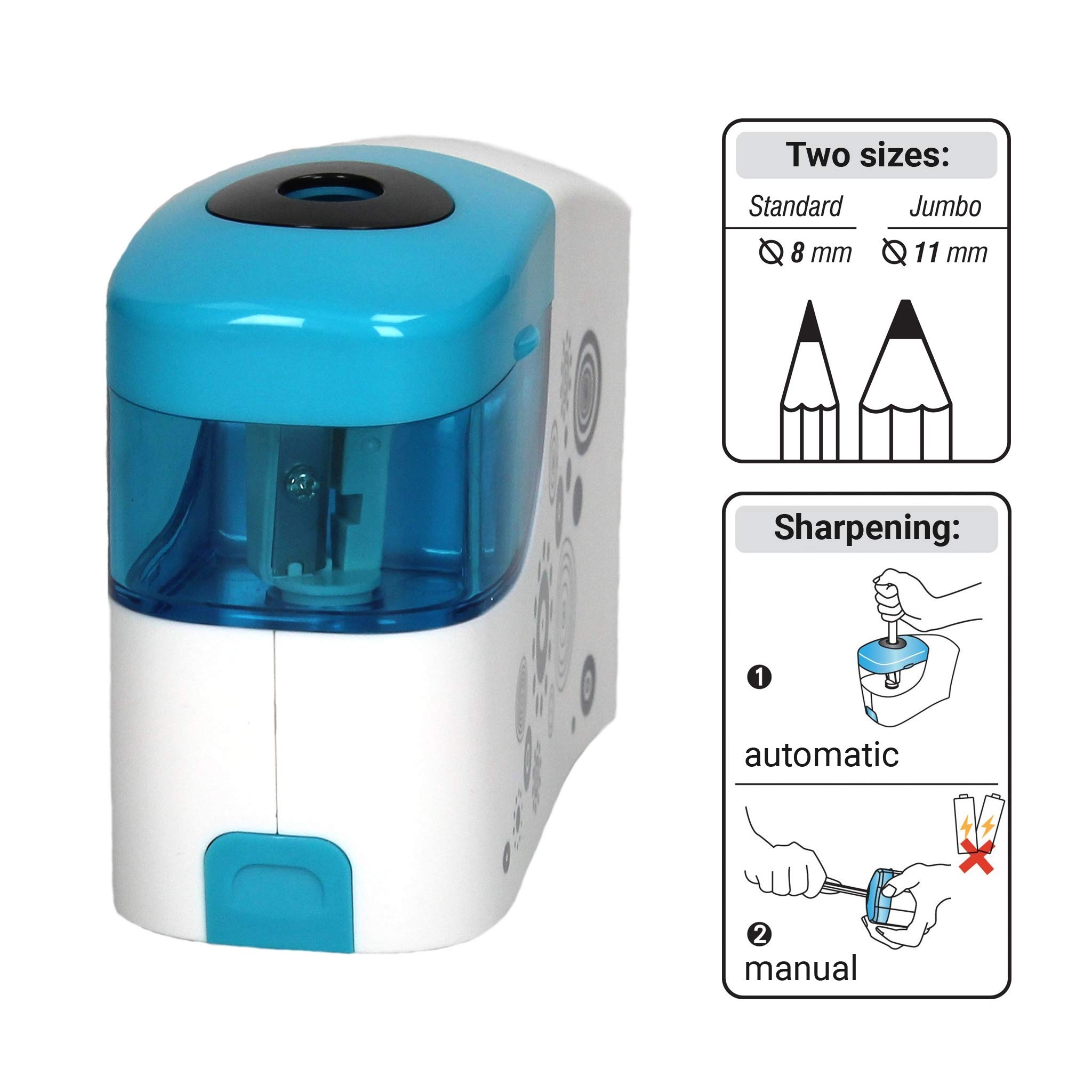 Tetis Taille-crayon électrique double blanc et bleu avec deux tailles de trous (8 mm et 11 mm) - Taille-crayon électrique (4 piles AA) - Double taille-crayon universel pour enfants, enseignants,
