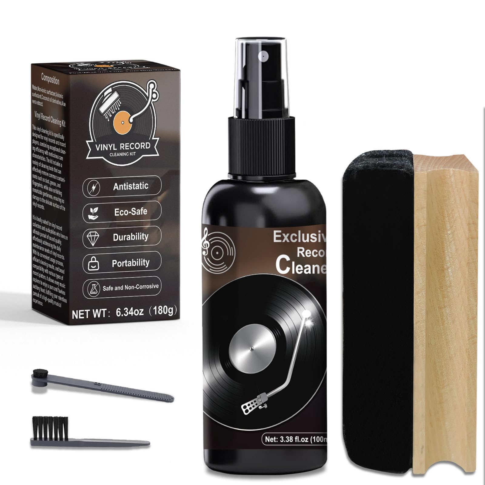 Kit de limpieza de discos de vinilo – Kit completo de limpieza de discos de vinilo 4 en 1, limpiador de discos de vinilo de 100 ml, cepillo de registro de terciopelo suave, cepillo de mango