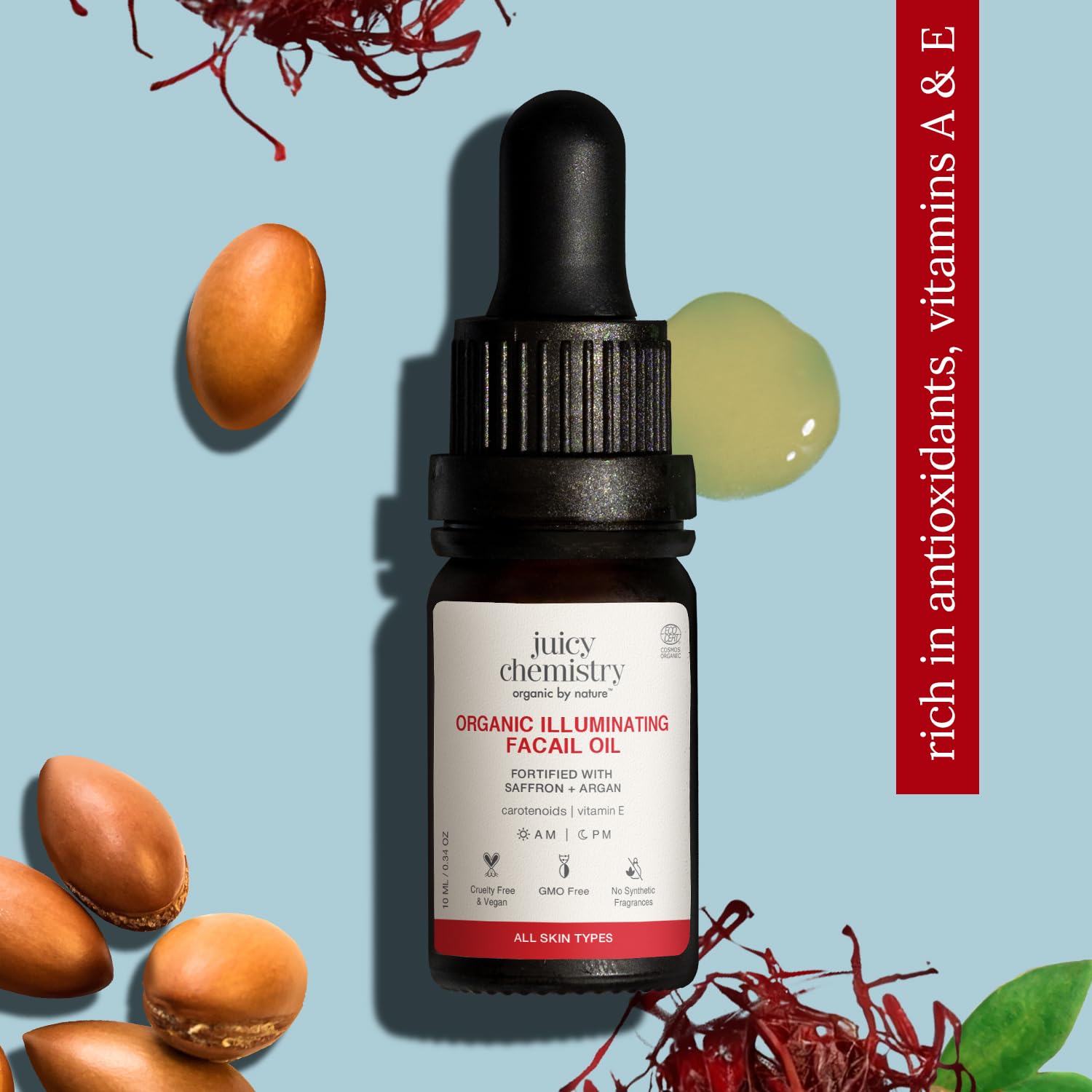 Juicy Chemistry - Organic & 100% Natural Facial Oil for Women with Moisturizing Skin Repair w/Saffron & Red Raspberry (10ml)
