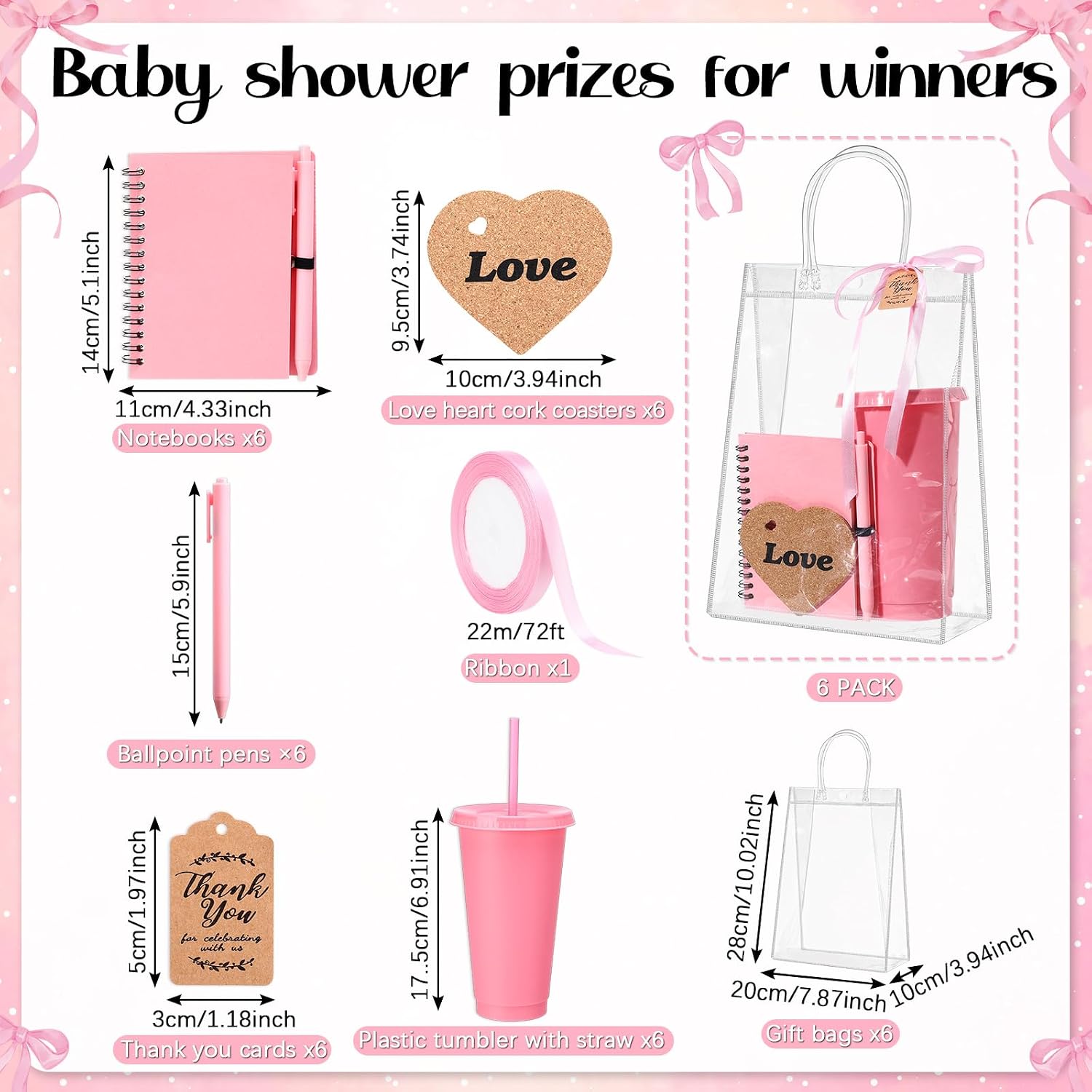 461 Pcs Funny Baby Shower Games with Prizes for Guests Game Player Winners Gifts Include Plastic Tumbler Notebook Ballpoint Pen Gift Bag, All in One Set(Pink)