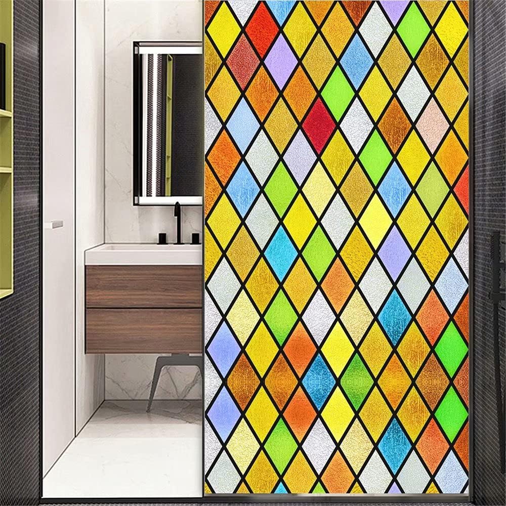 Diamond Pattern Decorative Window Film Privacy Non Adhesive Frosted Glass Door Window Covering Window Decals Window Sticker for Home Office 65x200cm(25.6"x78.74")