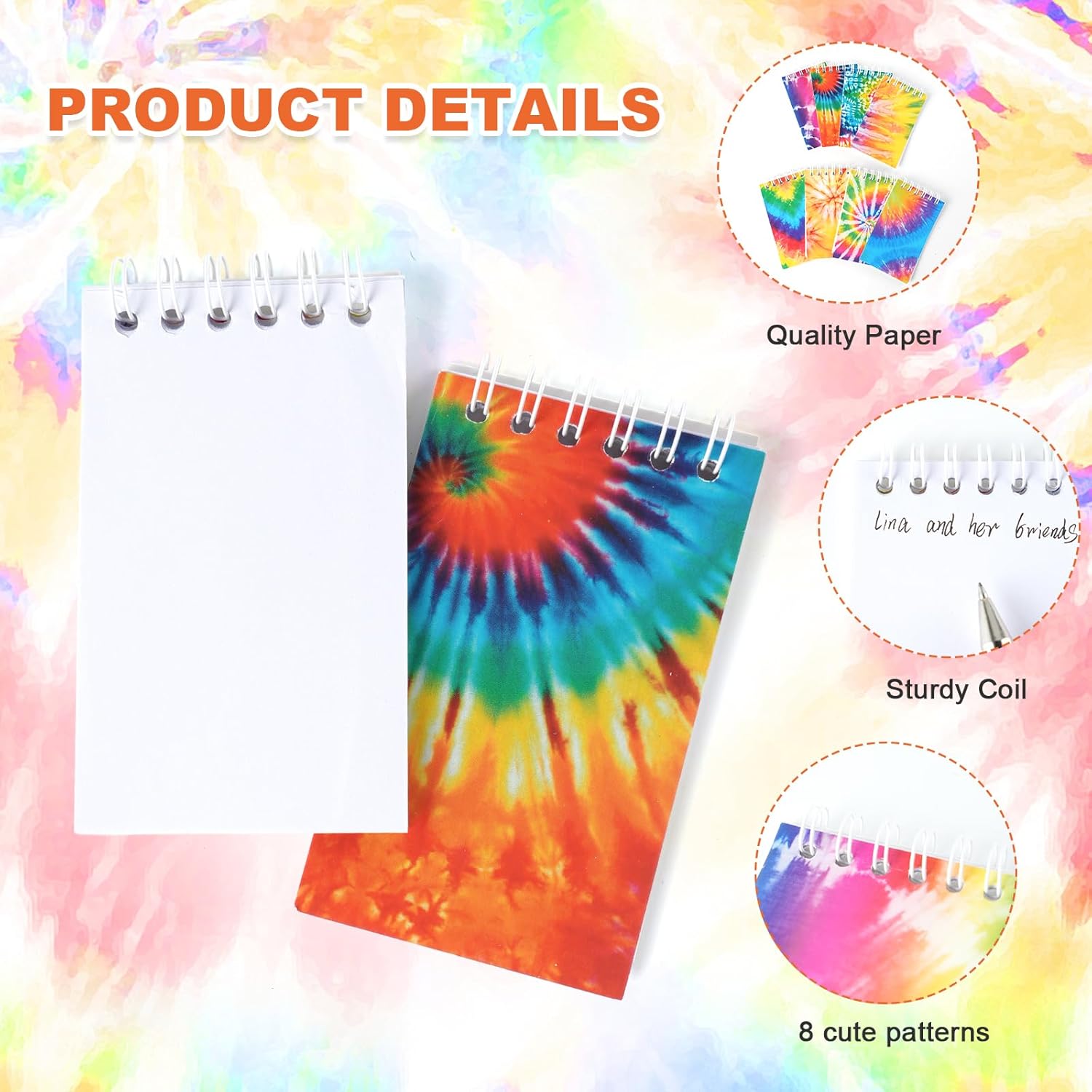 OZIO 64PCS Mini Tie Dye Notepads Multicolor Style Pocket Notebooks, Spiral Mini Notebook Pastel Art Party Small Notepad for Tie Dye Birthday Party Favors, 8 Styles(64)