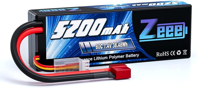 Zeee 2S 7.4V 5200mAh 80C Hard Case Lipo Battery with T Plug for RC Car Truck Heli Drone |  FPV RC LiPo 1/8 1/10 RC