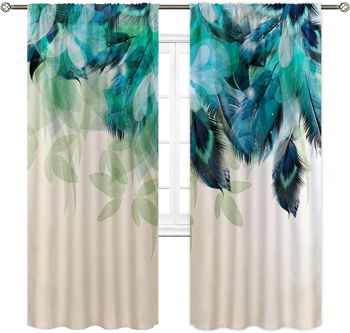Riyidecor Watercolor Peacock Feather Curtains (2 Panels 52 x 84 Inch) Teal Blue Rod Pocket Turquoise Floral Green Leaf Rustic Art Printed Living Room Bedroom Window Drapes Treatment Fabric
