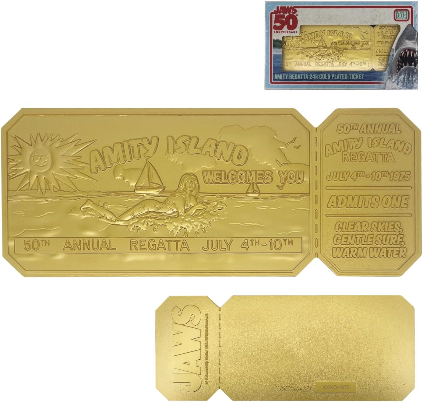 FaNaTtik Jaws 50th Anniversary Regatta Ticket Replica – Limited Edition Collectible (24k Gold Plated, Officially Licensed, 160x65mm, Display Stand Included)