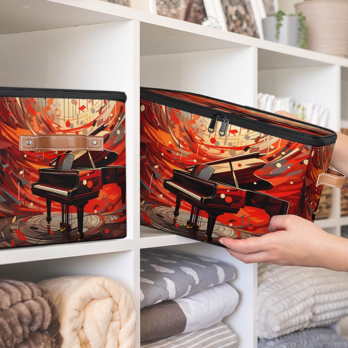 Storage Bin Set of 2 Music Piano Storage Basket with Zipper Lid & Handle Foldable Closet Shelf 2 Pack Cloth Organizer Basket Cube Bins Clothes Organizer for Bedroom, Nursery