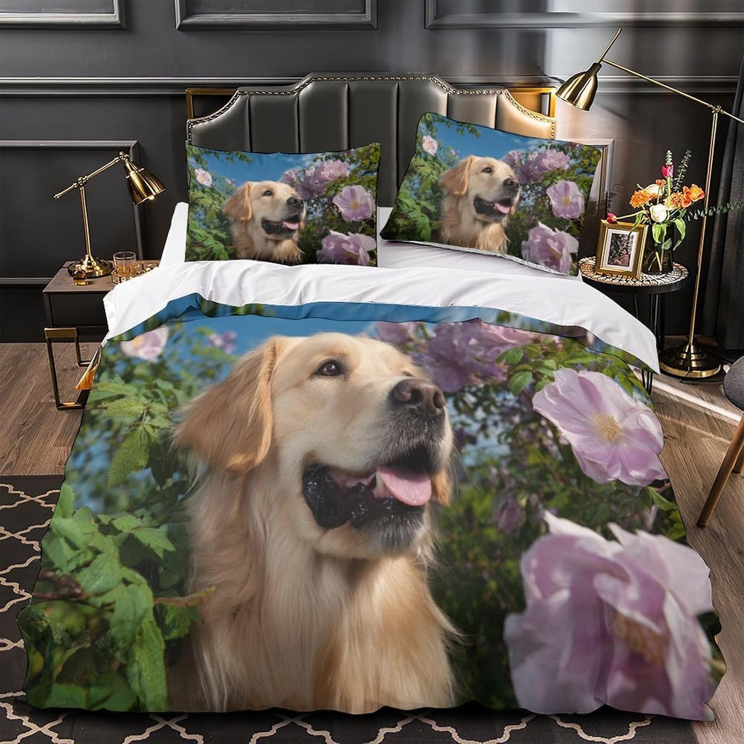 Funda Nórdica Cama 135/150 Golden Retriever Impresión 3D Microfibra Suave Ropa de Cama Animales y Mascotas Adorables Funda Edredon 220x240 cm con Cremallera y 2 Fundas de Almohada 50x75 cm k.7405