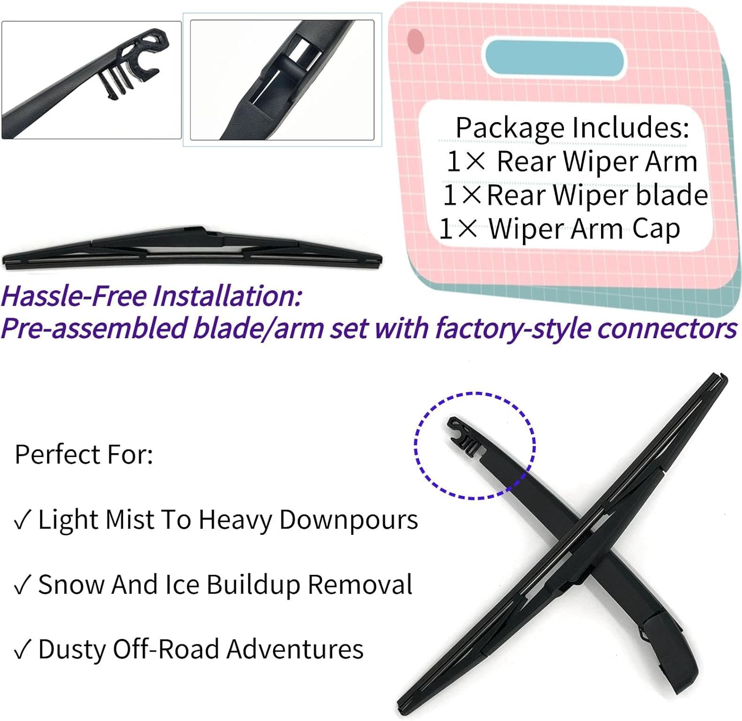 Rear Wiper Blade & Arm Replacement for Kia Rondo Minivan 2007-2010 - OEM Fit for EX, LX Models - All-Weather All Season Rear Back Windshield Wiper Blade Set for 2010 2009 2008 2007 2006