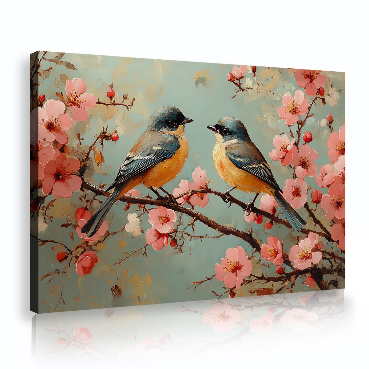 TOANGWALL Little Birds Canvas Wall Art Pink Cherry Blossom Branch Painting Light Teal Framed Art Prints Modern Poster Contemporary Mural Pictures Artwork For Lounge Office Decor 75x115cm