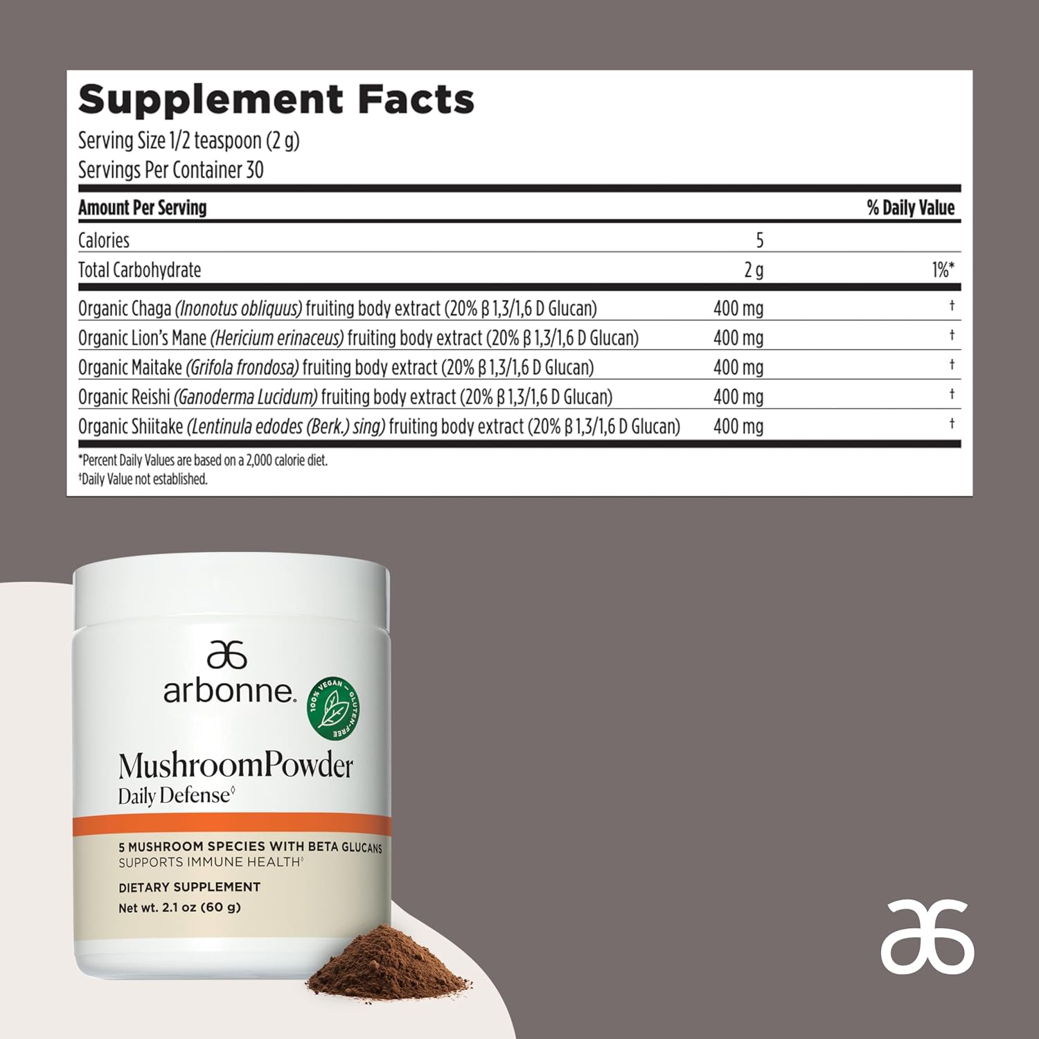 Arbonne Mushroom Powder Daily Defense - Daily Mushroom Supplement Powder Superblend that Supports Immune and Cognitive Health, 100% Organic Mushrooms, 2.1 oz