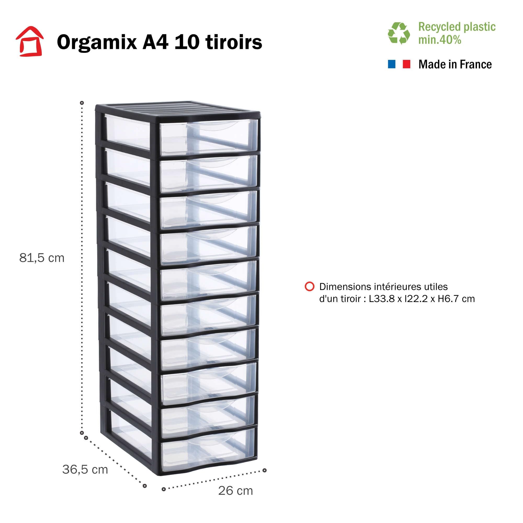 SUNDIS Orgamix, lot de 2 tours de rangement en plastique noir, 10 tiroirs transparents format papier A4, hauteur 81,5 cm, idéales rangement bureau, cours, documents, fournitures, accessoires