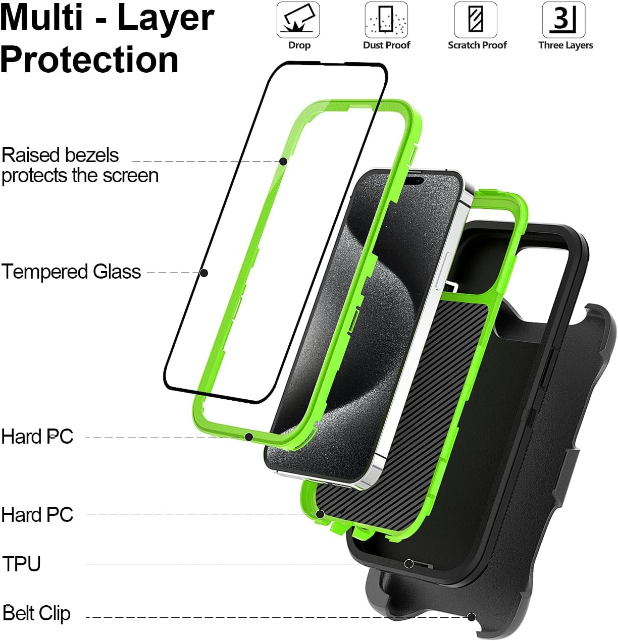 for iPhone 15 Pro Max Case 6.7" with Belt Clip Holster Kickstand, 2 Screen Protector & 2 Camera Lens Protector, Heavy Duty Full Body Protection Phone Case Cover(Belt Clip,Black+Green)