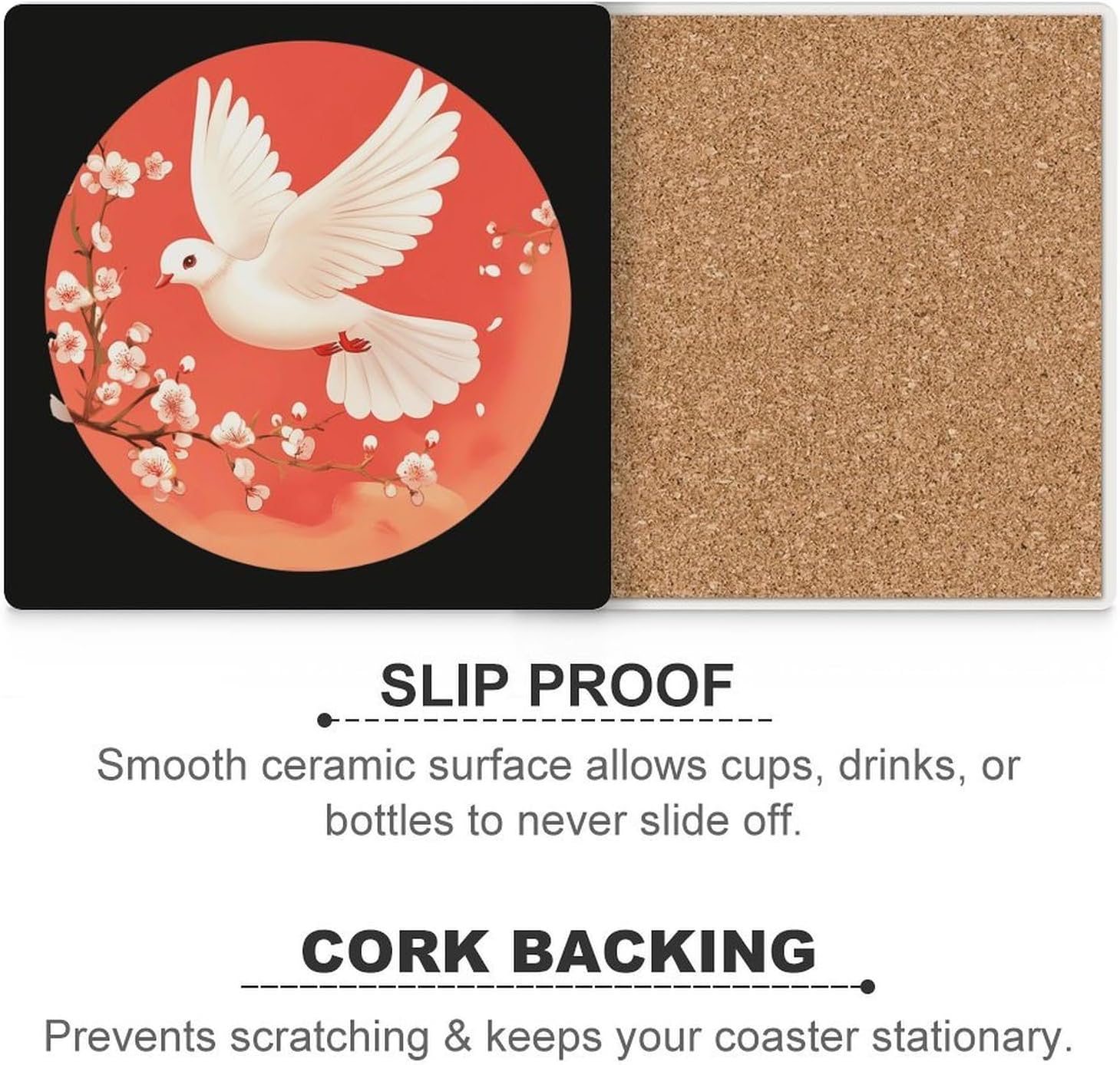 Beautiful Flying White Dovees Ceramic Coasters Set Square Drink Coasters Table Coaster for Kitchen Desktop Decor