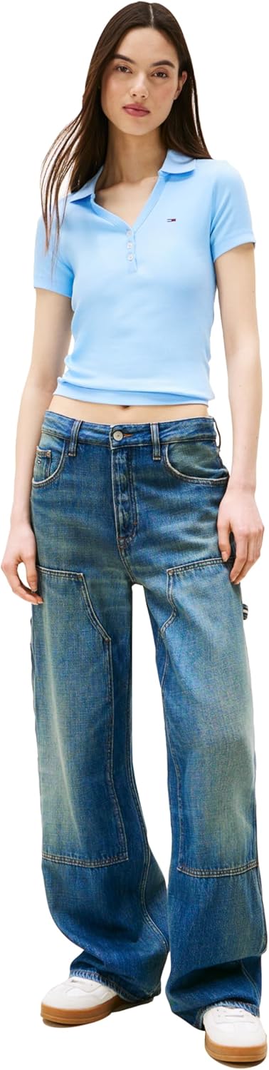 Tommy Jeans Womens Short Sleeve V Neck Polo Shirt with Ribbed Knit Design - Image 3