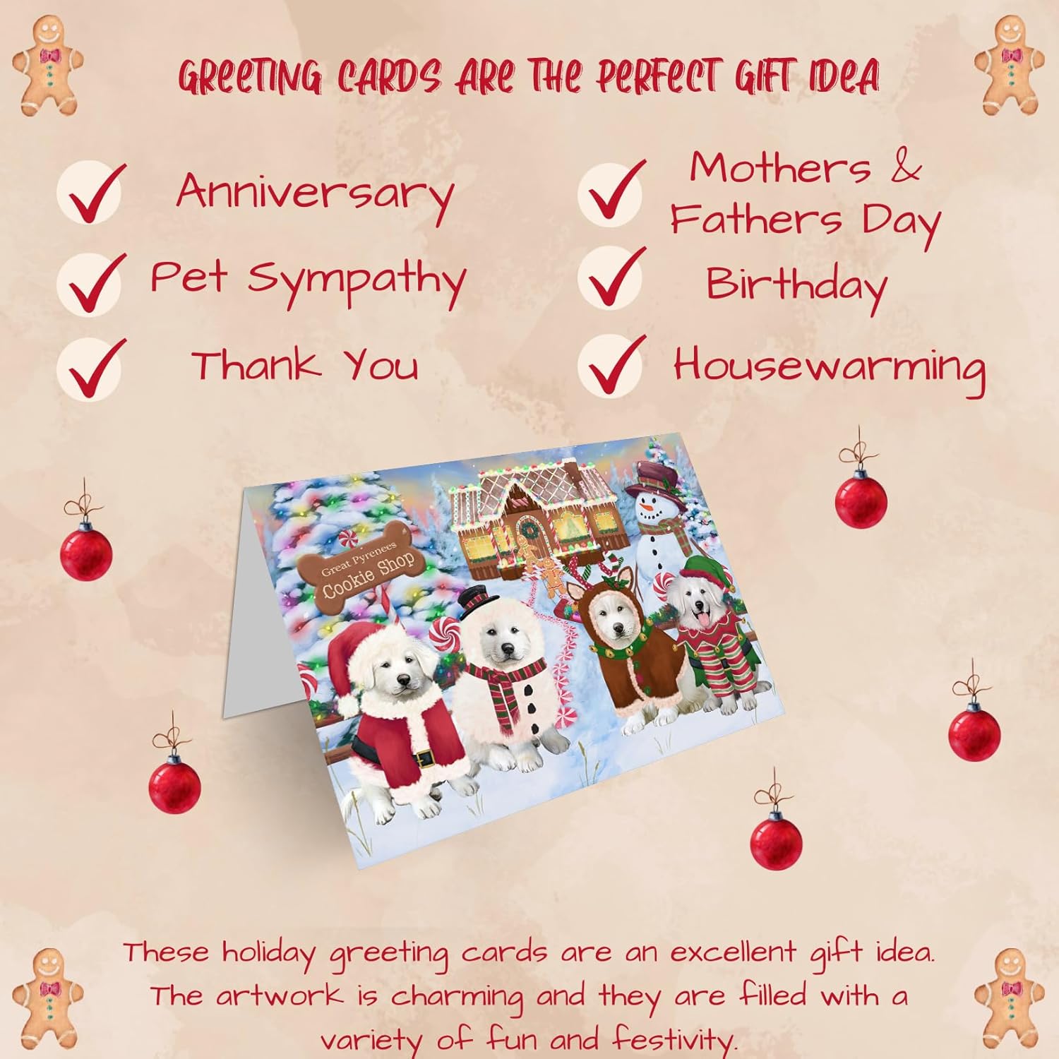 Holiday Gingerbread Cookie Shop Great Pyrenees Dog Greeting Cards - Adorable Pets Invitation Cards with Envelopes - Pet Artwork Christmas Greeting Cards GCD71609 (10 Greeting Cards)