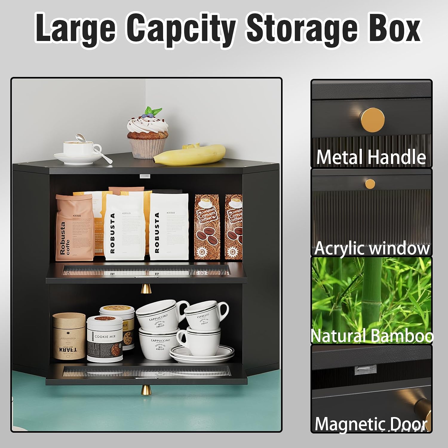 Trironsun Corner Bamboo Bread Box for Kitchen Counter Double Layer Bread Storage Container Large Capacity Bread Storage Bin with Wavy Arcylic Transparent Door (Black)