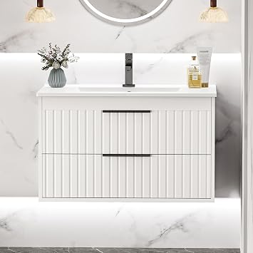 TOLEAD 30" Bathroom Vanity Cabinet with Sink Combo, Floating Bathroom Vanity with 2 Big Drawers and Metal Handles, White