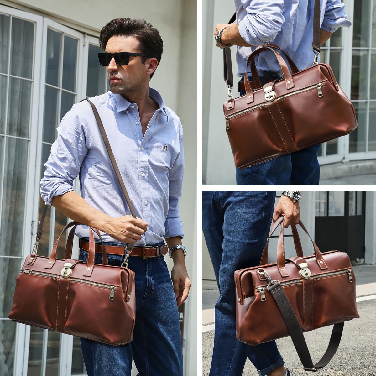CONTACTS Bolso médico de cuero de grano completo para hombres y mujeres, maletín vintage de 14 pulgadas, bolso de hombro de gran capacidad con apertura de marco de metal para abogados
