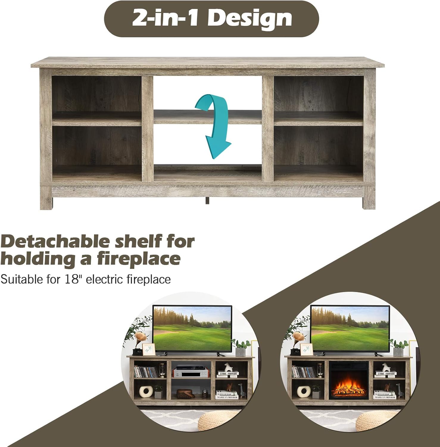 Tangkula Farmhouse Wood Universal TV Stand for TV's up to 65", Rustic TV Console Table w/Open 6 Shelves, Living Room Media Entertainment Center for 18" Electric Fireplace (Not Included) (Grey)