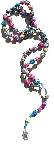 Rosario hecho a mano Nuestra Señora de Guadalupe Virgen de color de la palma rosario con oración católica cristiana Collar largo Rosario de palma
