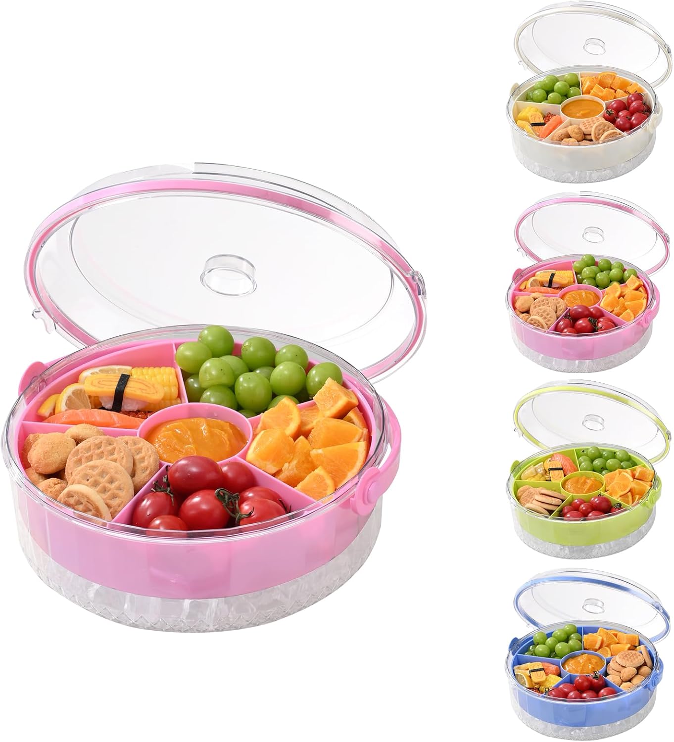 Fruit Ice Divided Serving Tray with Lid and handle,Chilled Veggie Tray,Shrimp Cocktail Serving Dish,Ideal Cold Chilled Serving Platter for Parties,Vegetables,Appetizer,Salads,Picnic,Appetizers,Travel