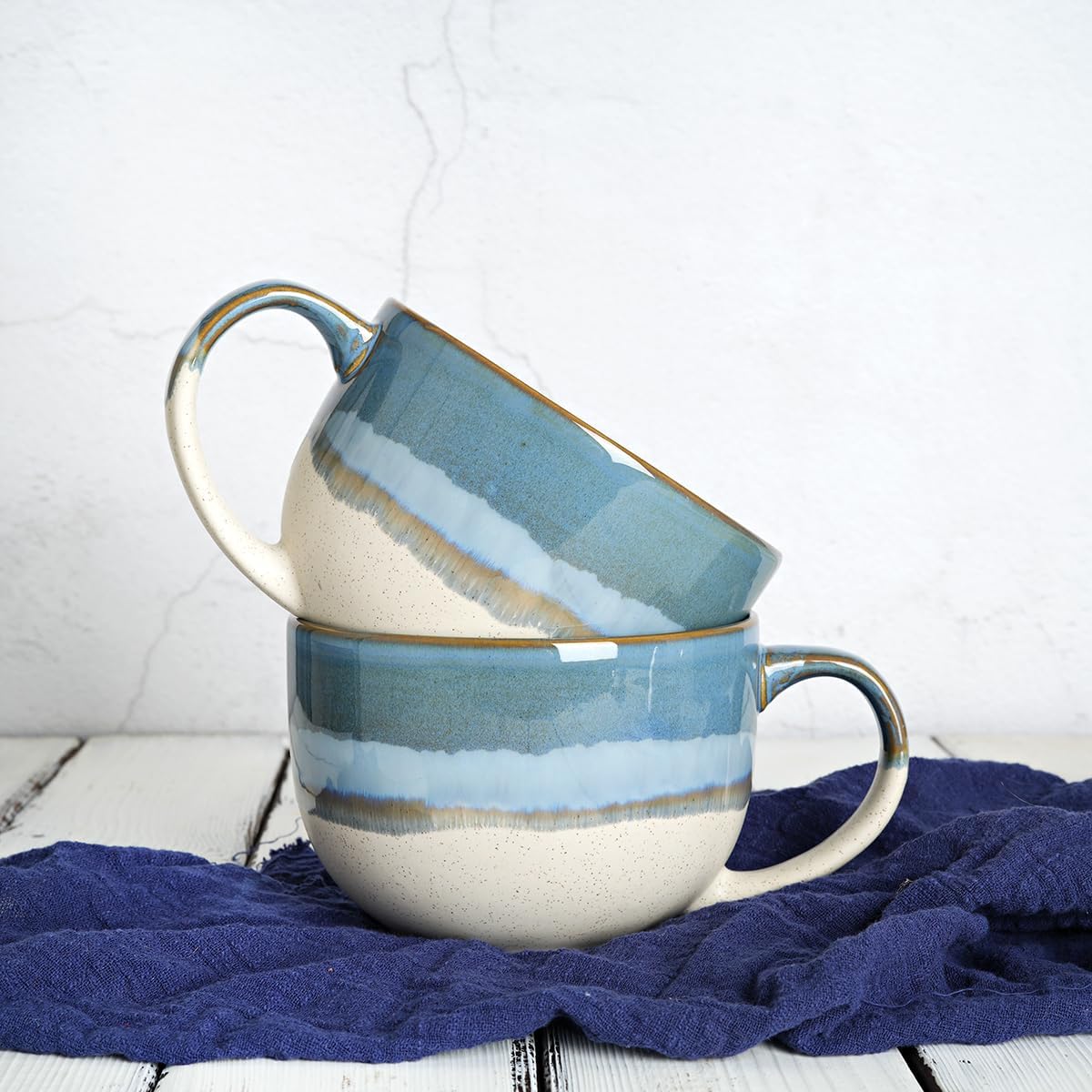 Bosmarlin Ceramic Jumbo Coffee Mug Set of 2, 23 Oz, Large Mug Soup Bowls with Handles, Dishwasher and Microwave Safe (Blue) - Image 6