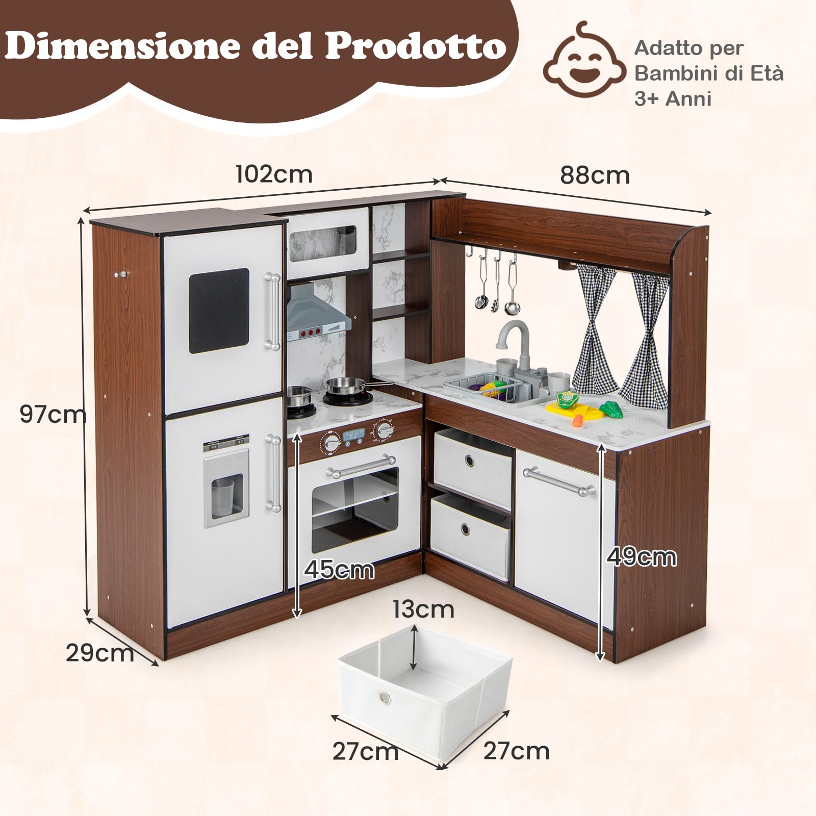 GYMAX Cucina Giocattolo ad Angolo per Bambini, Set da Cucina in Legno con Cappa Illuminata e Fornelli con Suoni, Realistico Fabbricatore di Ghiaccio, Regalo per Bambini 3 + Anni (Stile 1)