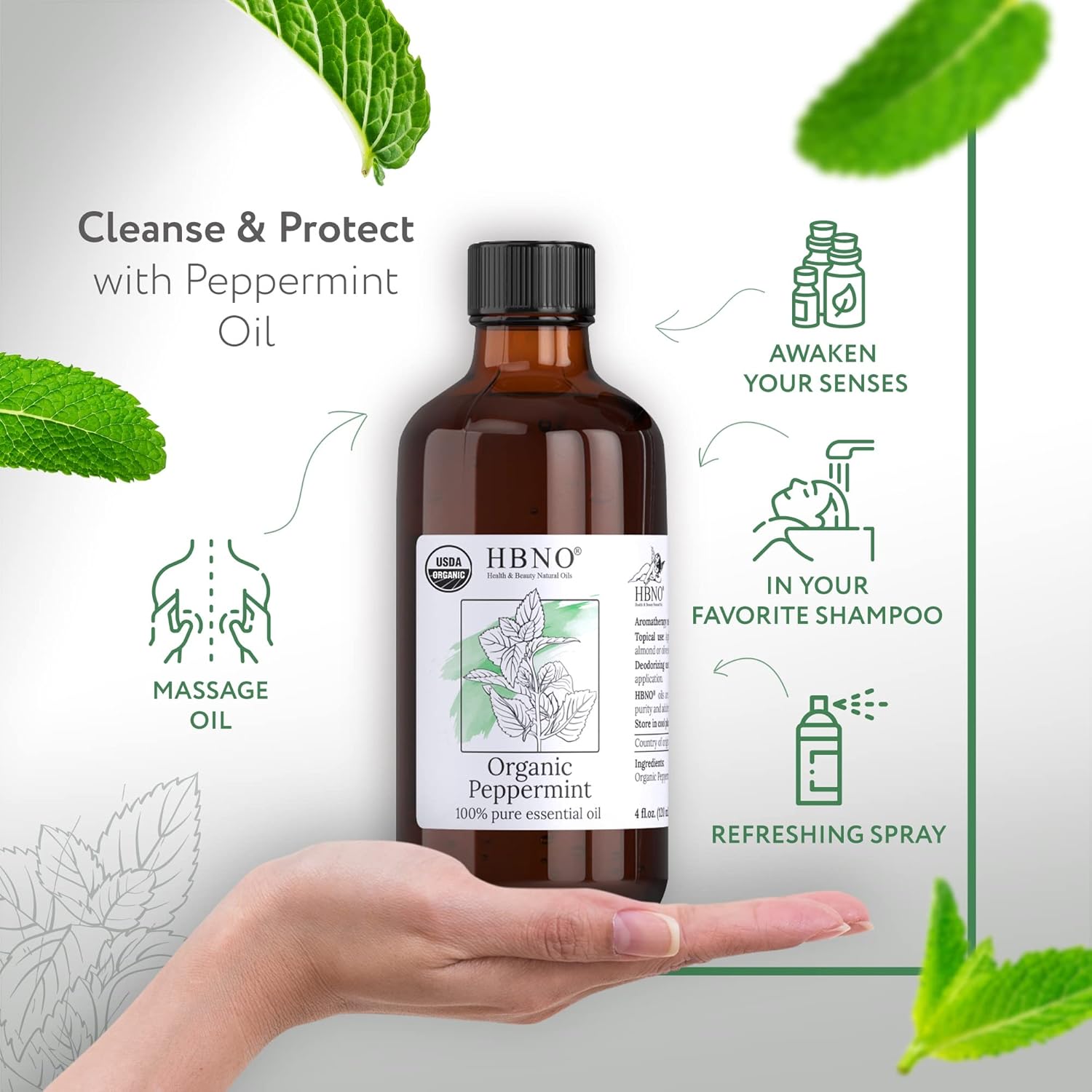 Buy HBNO Organic Peppermint Essential Oil 4 oz (120ml) - 100 ...