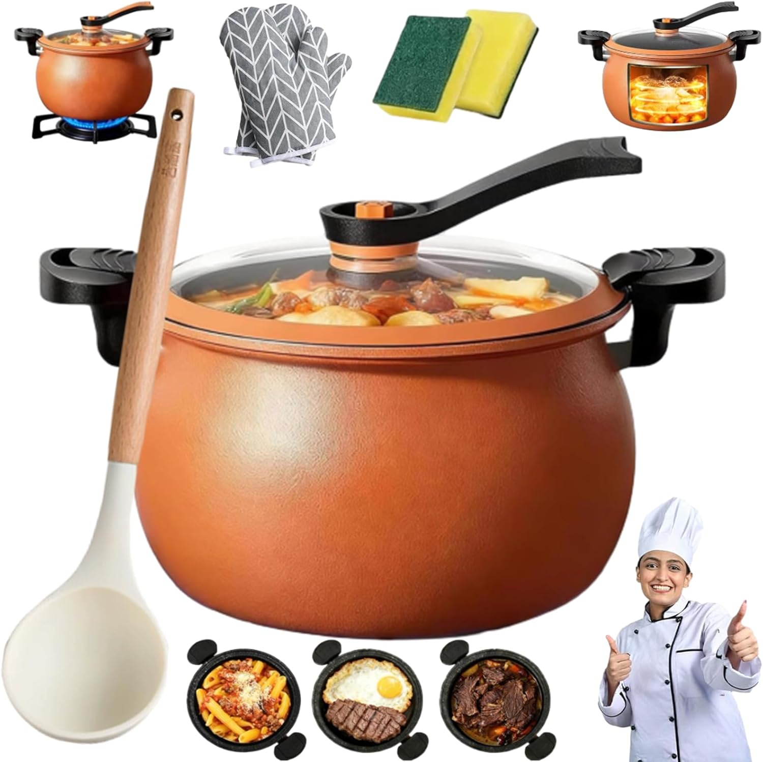 Multifunctional Large Capacity Non-Stick Pressure Cooker, Micro-Pressure Cooker Fast Cooking, 8 Qt Universal Stew Pot with Transparent Lid, for Slow Cook, Sear & Saute, Keep Warm (Orange)